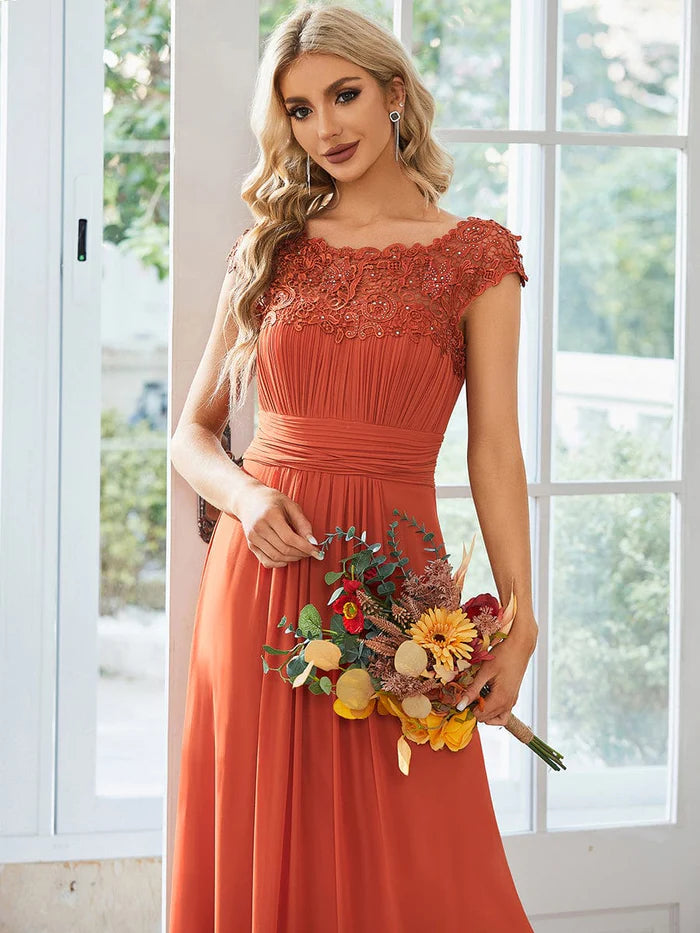 Classic Maxi Long Lace Cap Sleeve Bridesmaid Dress