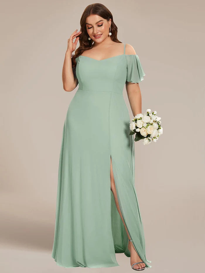 Plus Size Cold Shoulder Formelles Brautjungfernkleid mit Seitenschlitz