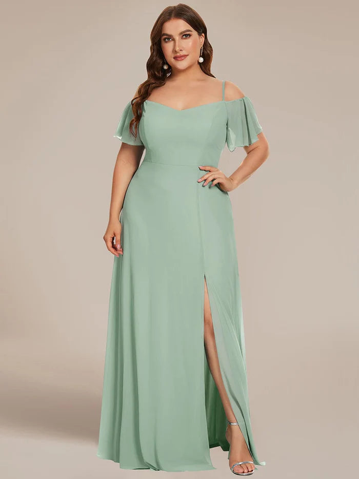 Plus Size Cold Shoulder Formelles Brautjungfernkleid mit Seitenschlitz