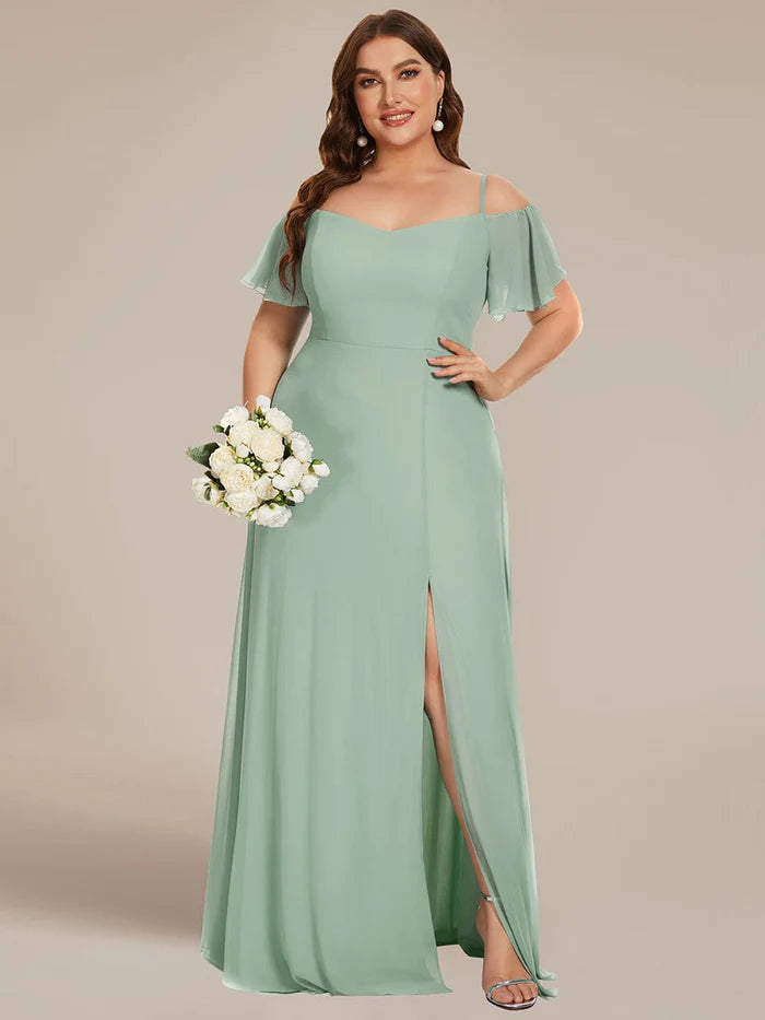 Plus Size Cold Shoulder Formelles Brautjungfernkleid mit Seitenschlitz