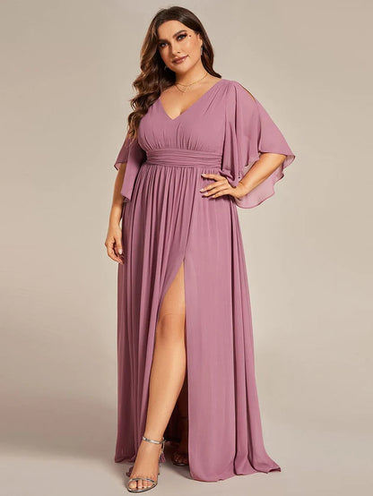 Plus Size A-Linien-Brautjungfernkleid aus Chiffon mit halben Ärmeln und V-Ausschnitt 