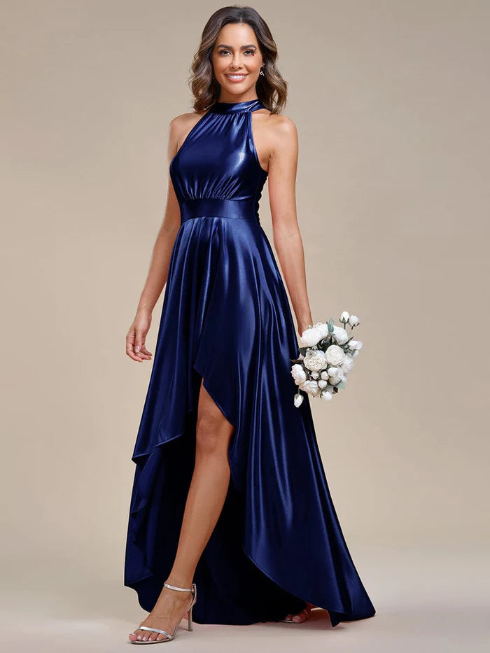 Belly Collar High-Low A-Line Satin Halter Bridesmaid Dress