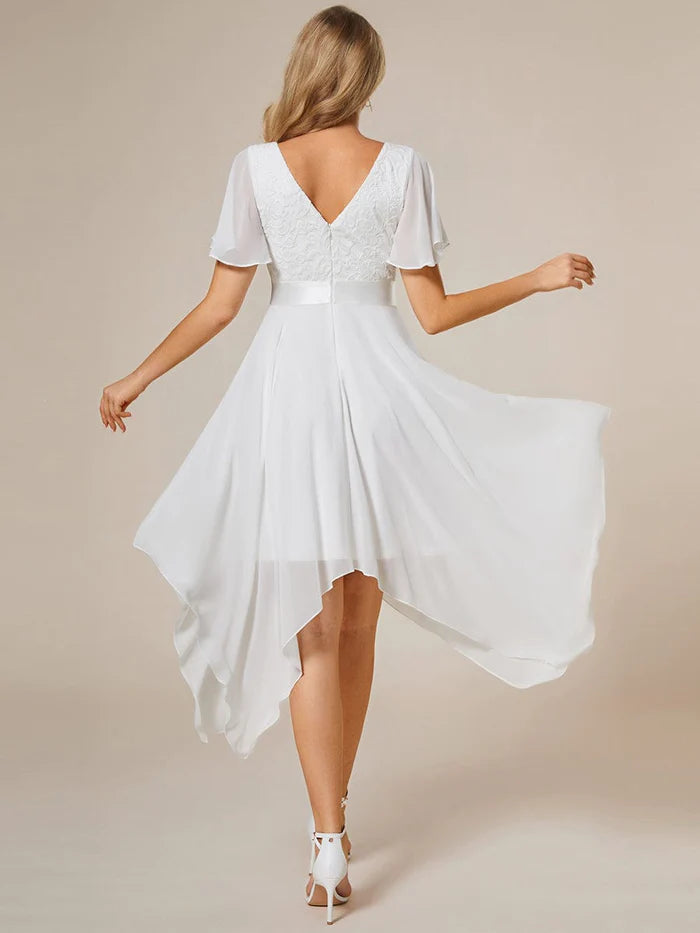 Asymmetrical Hem Empire Waist Short Sleeves Knee-Length Bridesmaid Dress