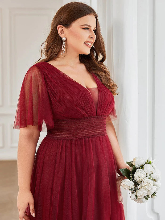 Plus Size Pleated A-Line Short Sleeve Double V-Neck Tulle Bridesmaid Dress