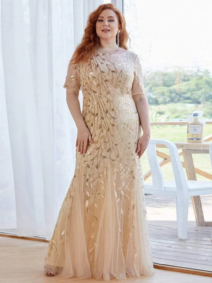 Abendkleid im Meerjungfrauen-Stil aus Tüll mit Blumenmuster und Pailletten in Übergröße 