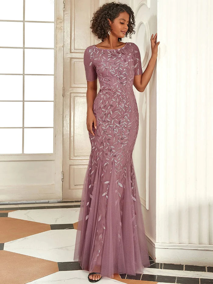 Robe longue à imprimé floral et sequins, coupe sirène, manches mi-longues 