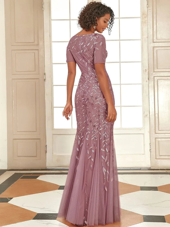 Robe longue à imprimé floral et sequins, coupe sirène, manches mi-longues 