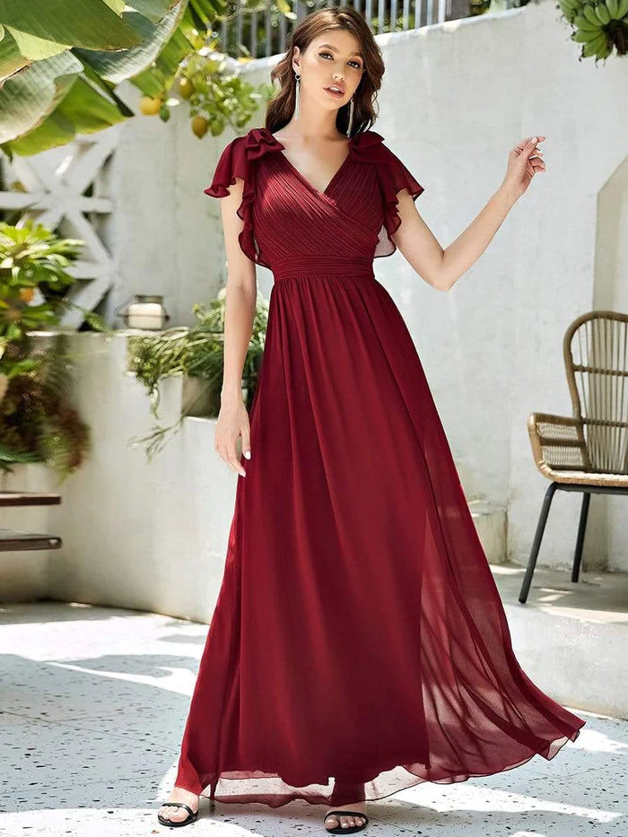Robe de soirée élégante en mousseline de soie avec corsage plissé et manches à volants 