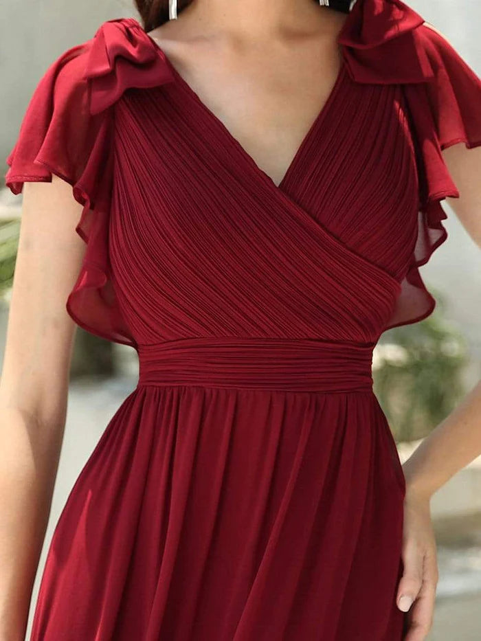 Robe de soirée élégante en mousseline de soie avec corsage plissé et manches à volants 