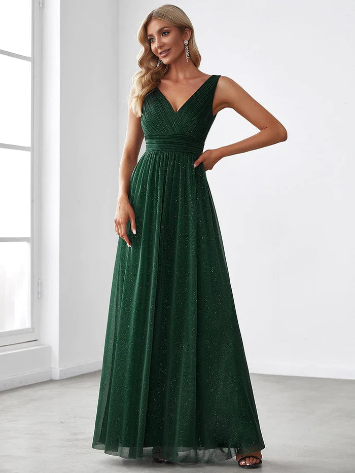 Robe de soirée scintillante à double col en V et longueur au sol pour soirée 