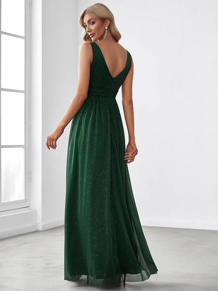 Robe de soirée scintillante à double col en V et longueur au sol pour soirée 