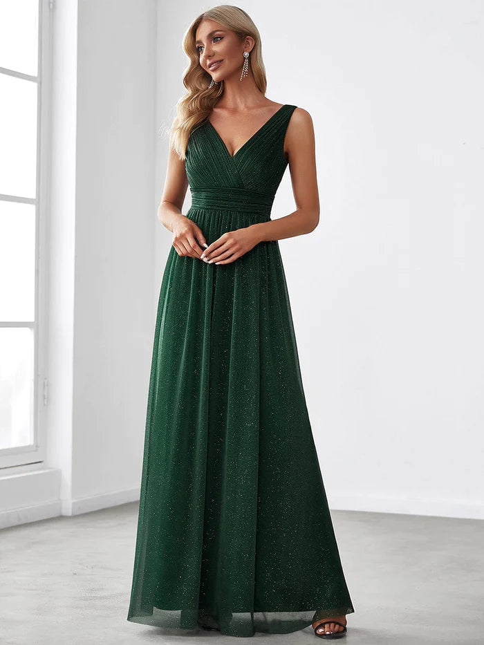 Robe de soirée scintillante à double col en V et longueur au sol pour soirée 