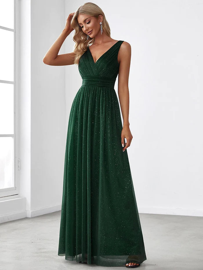 Robe de soirée scintillante à double col en V et longueur au sol pour soirée 