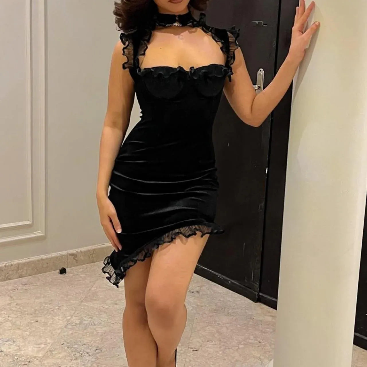 Edgy Sheath High-Neck Lace-Back Ruffled-Trim Velvet Mini Homecoming Dress