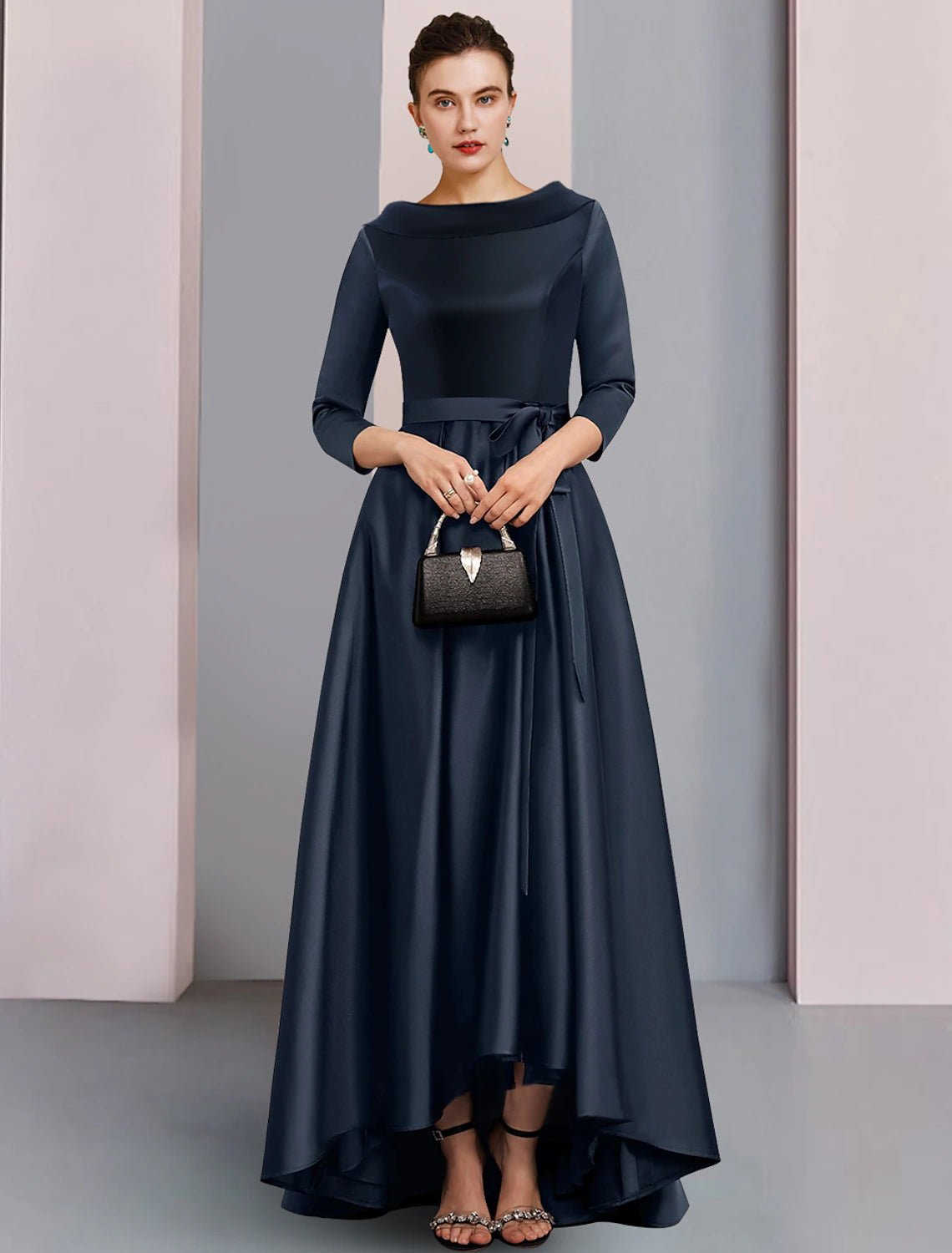 Elegant A-Line Bateau Neck 3/4 Sleeve High-Low Satin Formal Dress.