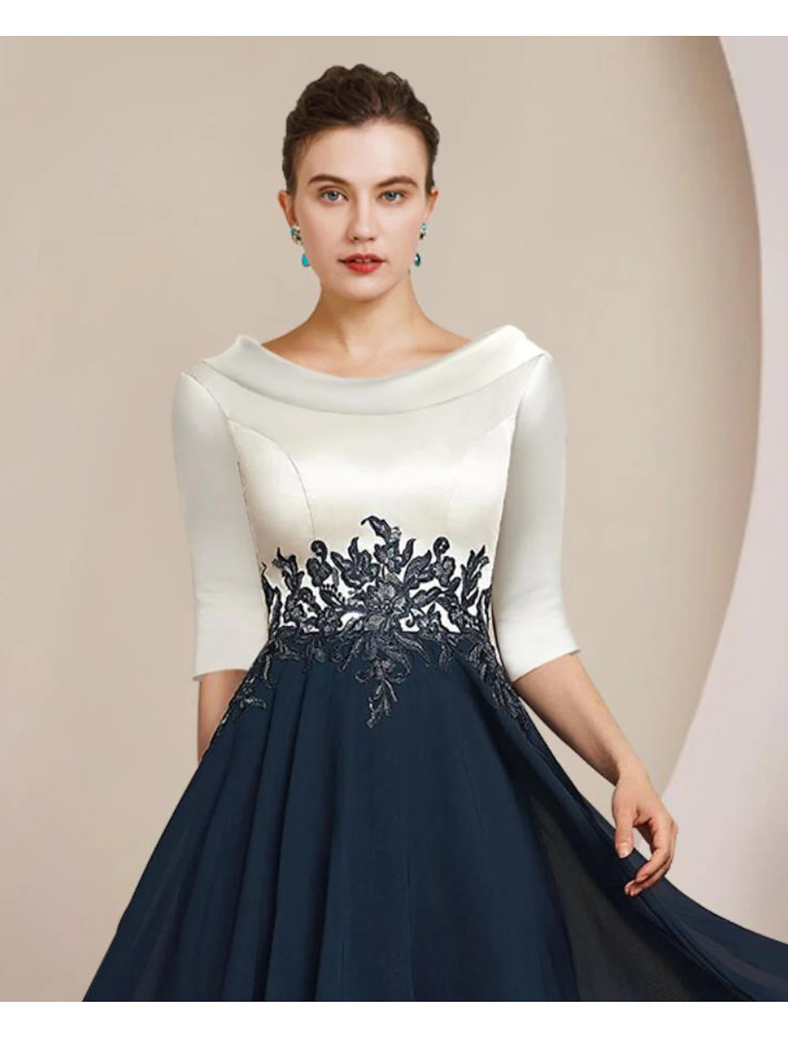 Elegant A-Line Bateau Neck Lace Tea Length Mother of the Bride Dress.