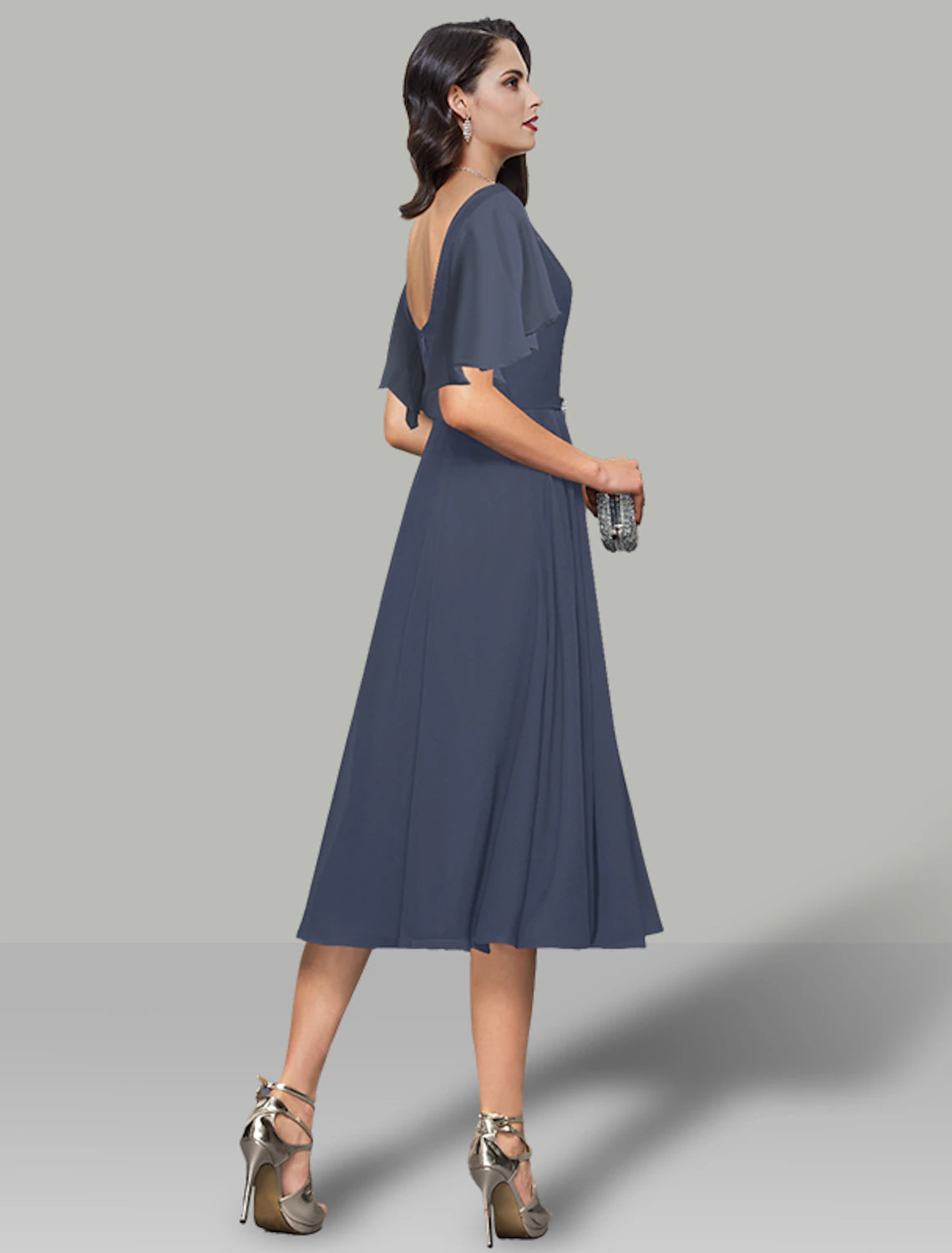 Elegant A-Line Cowl Neck Short Sleeve Chiffon Tea Length Dress with Belt.