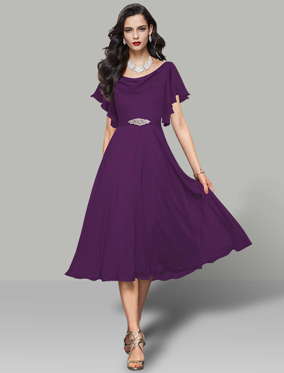 Elegant A-Line Cowl Neck Short Sleeve Chiffon Tea Length Dress with Belt.