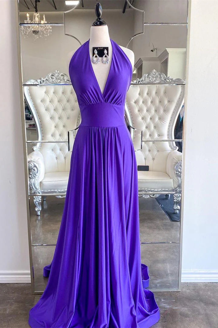 Elegant A-Line Deep V Halter Sleeveless Tie Back Floor Length Prom Dress
