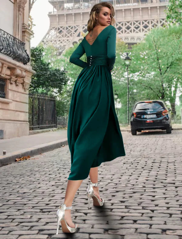 Elegant A-Line Empire Cowl Neck Long Sleeve Pleated Tea Length Cocktail Dress.
