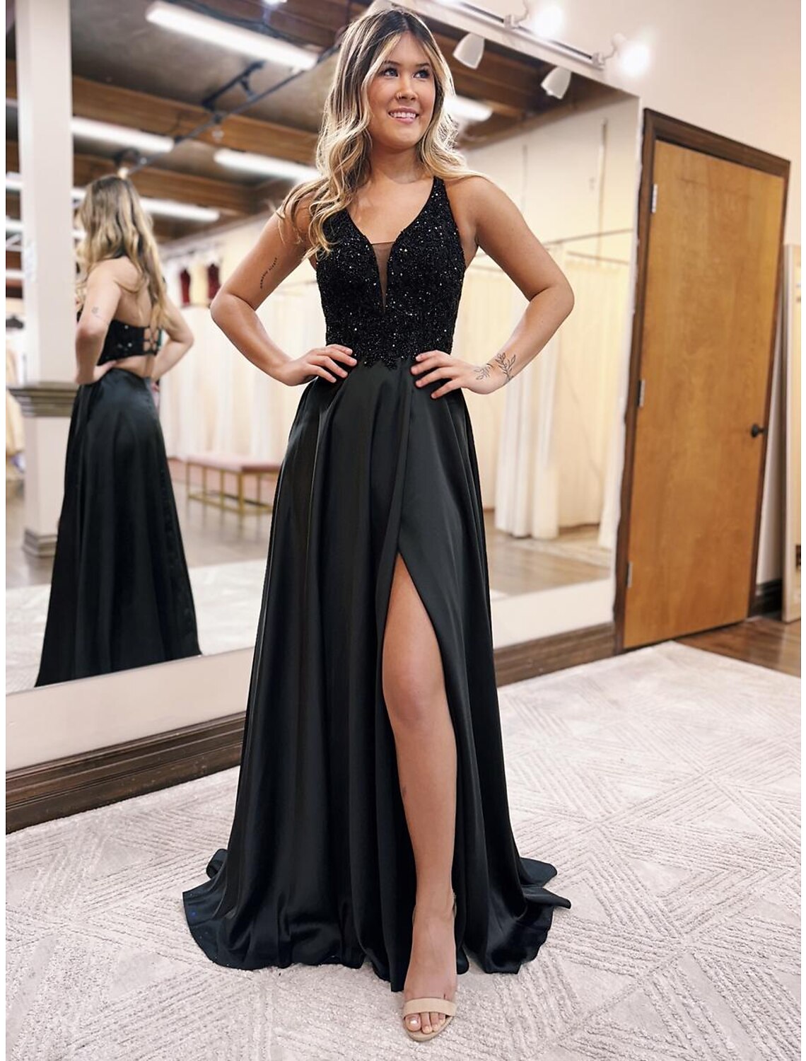 Elegant A-Line Empire V-Neck Backless Beaded Satin Floor Length Evening Gown.
