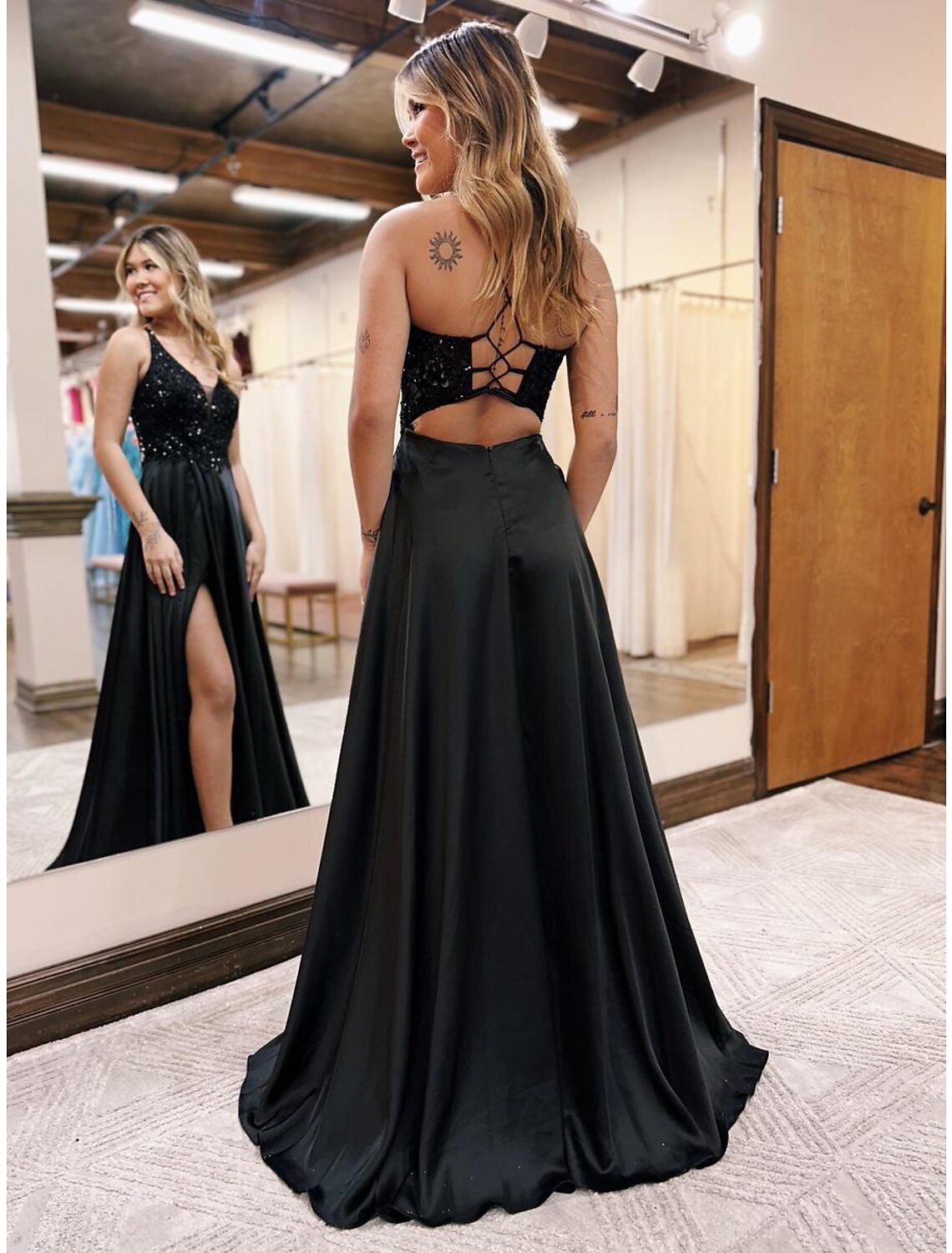 Elegant A-Line Empire V-Neck Backless Beaded Satin Floor Length Evening Gown.