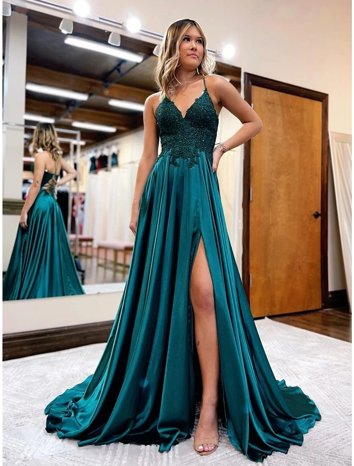 Elegant A-Line Empire V-Neck Satin Backless Beaded Court Train Prom Gown.