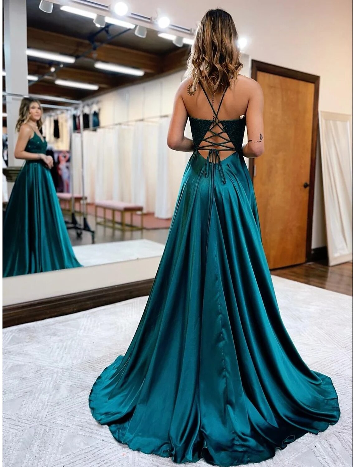 Elegant A-Line Empire V-Neck Satin Backless Beaded Court Train Prom Gown.