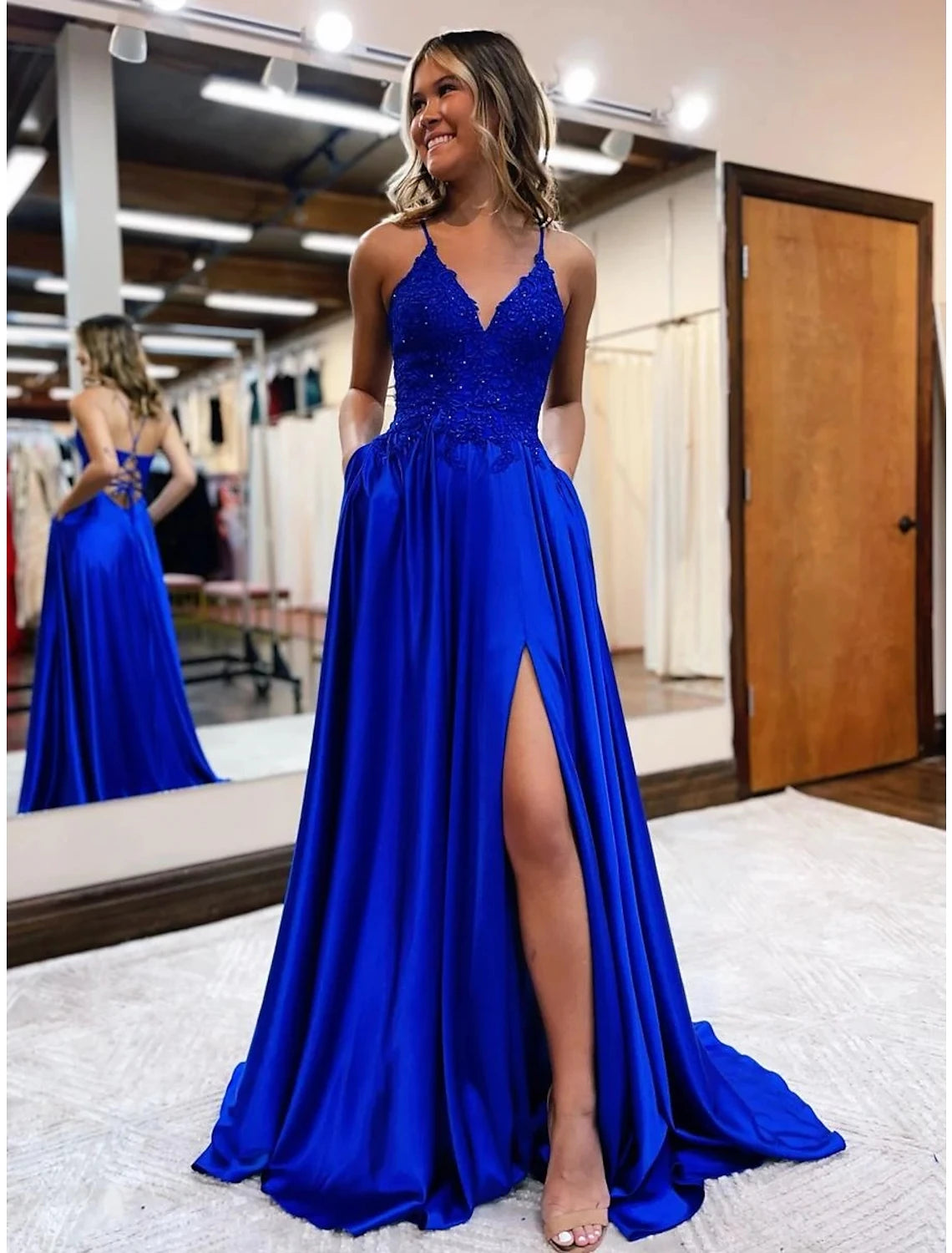 Elegant A-Line Empire V-Neck Satin Backless Beaded Court Train Prom Gown.