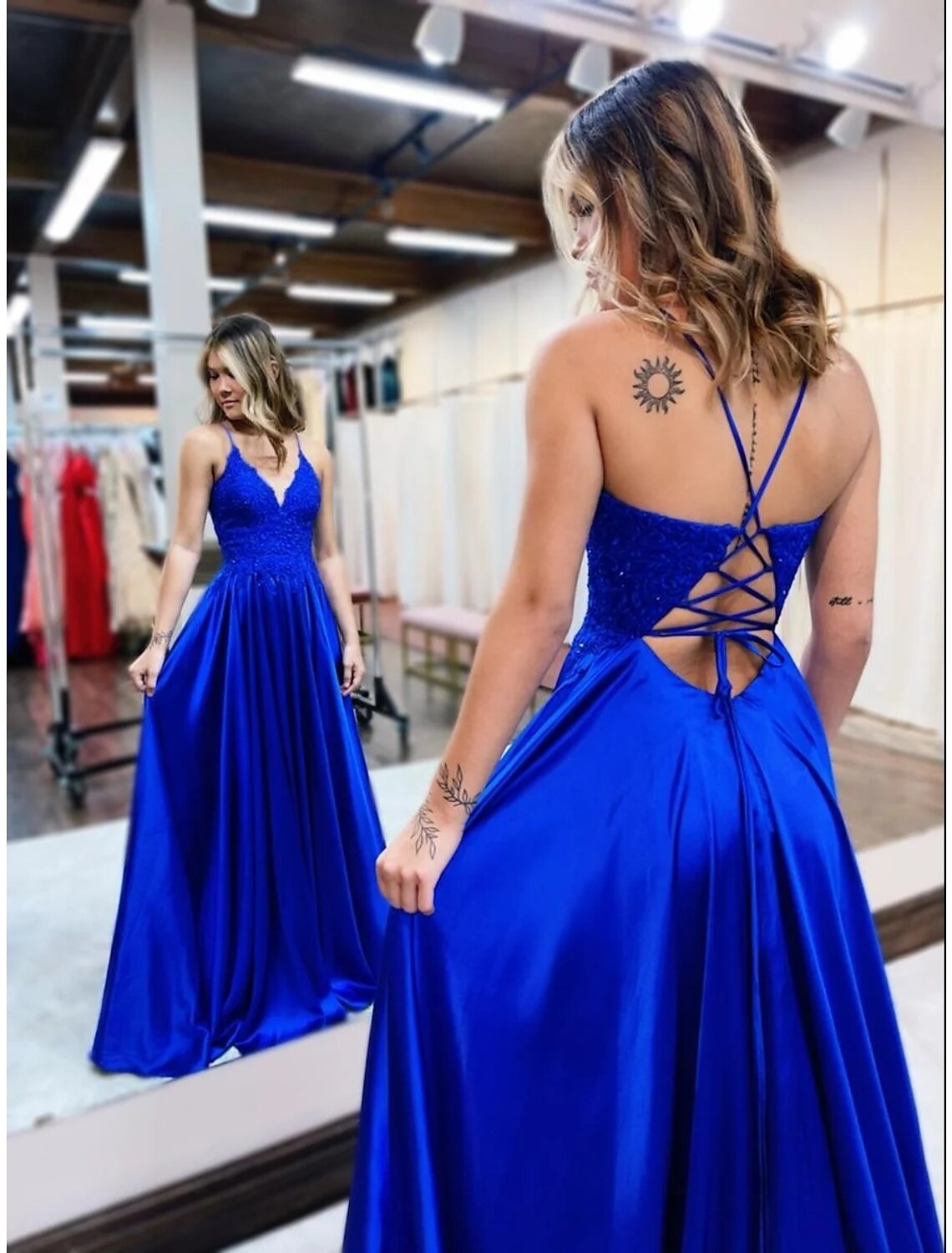 Elegant A-Line Empire V-Neck Satin Backless Beaded Court Train Prom Gown.