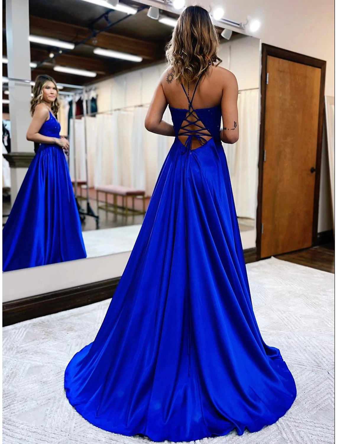 Elegant A-Line Empire V-Neck Satin Backless Beaded Court Train Prom Gown.