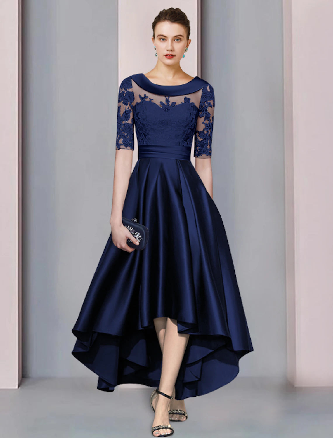 Elegant A-Line Half Sleeve Tea Length Mother of the Bride Dress.