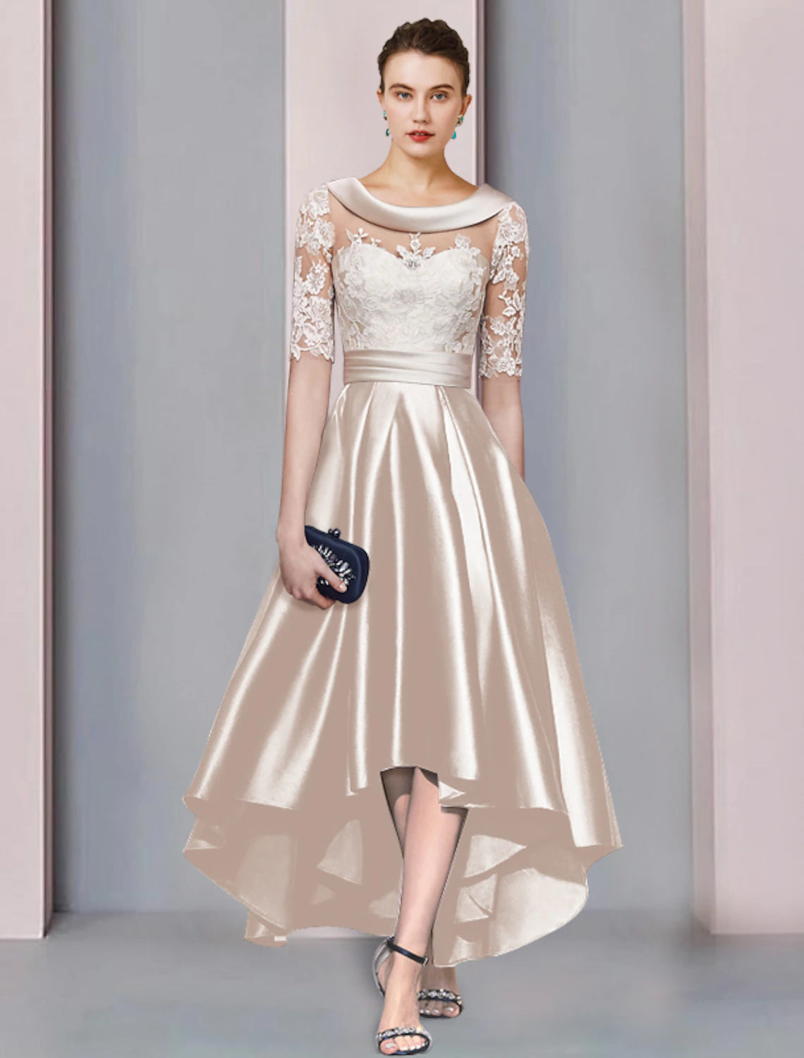 Elegant A-Line Half Sleeve Tea Length Mother of the Bride Dress.