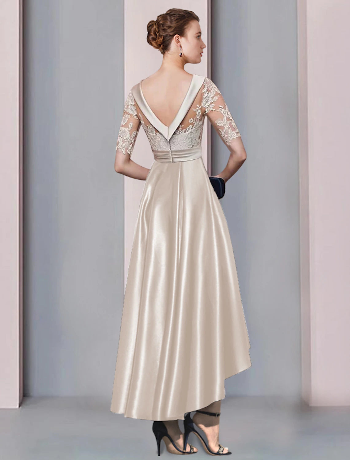 Elegant A-Line Half Sleeve Tea Length Mother of the Bride Dress.