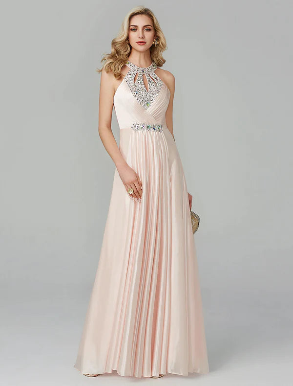 Elegant A-Line Halter Black Floor Length Party Dress with Crystal Sequin details.