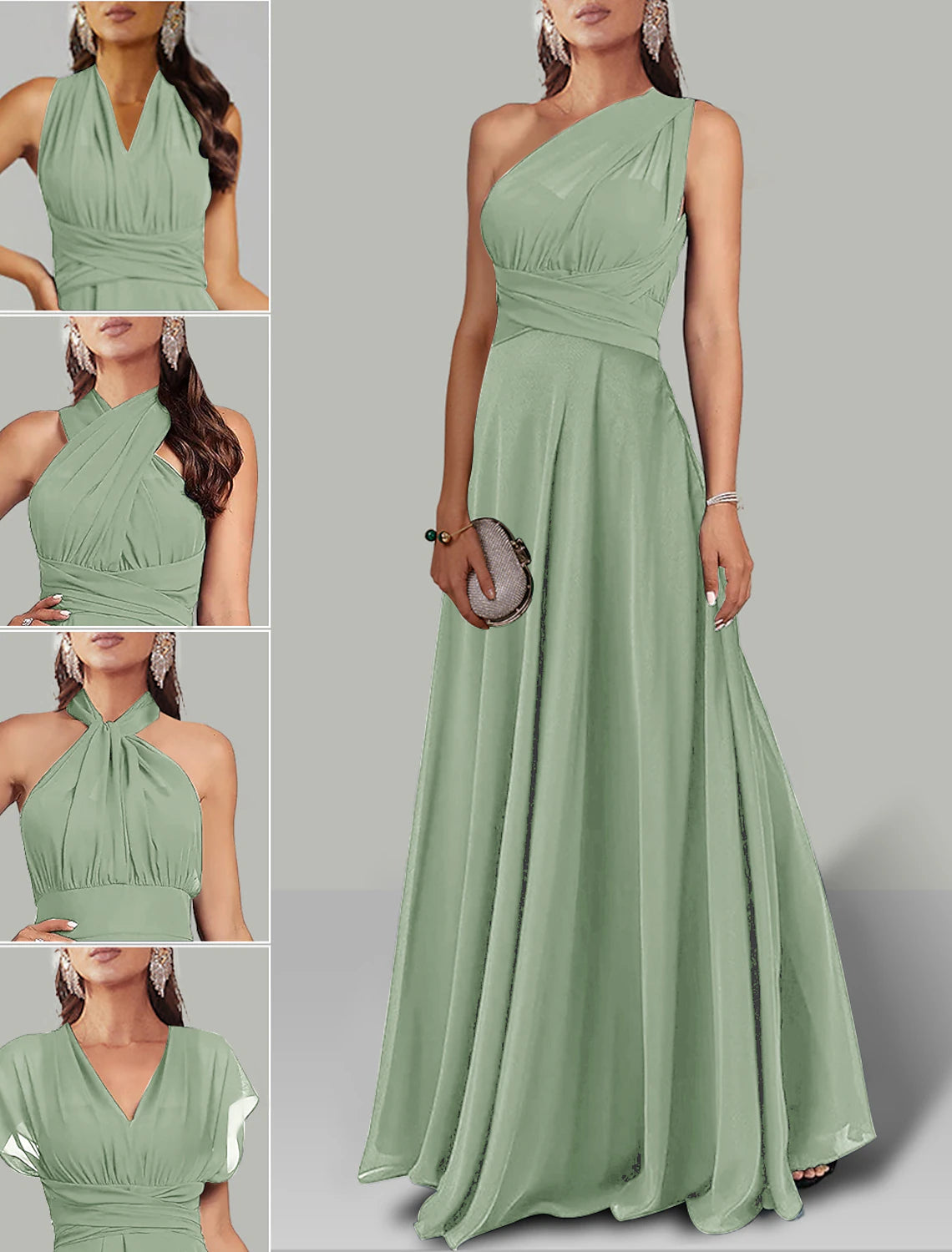 Elegant A-Line Halter Convertible Infinity Ruched Floor-Length Dress.