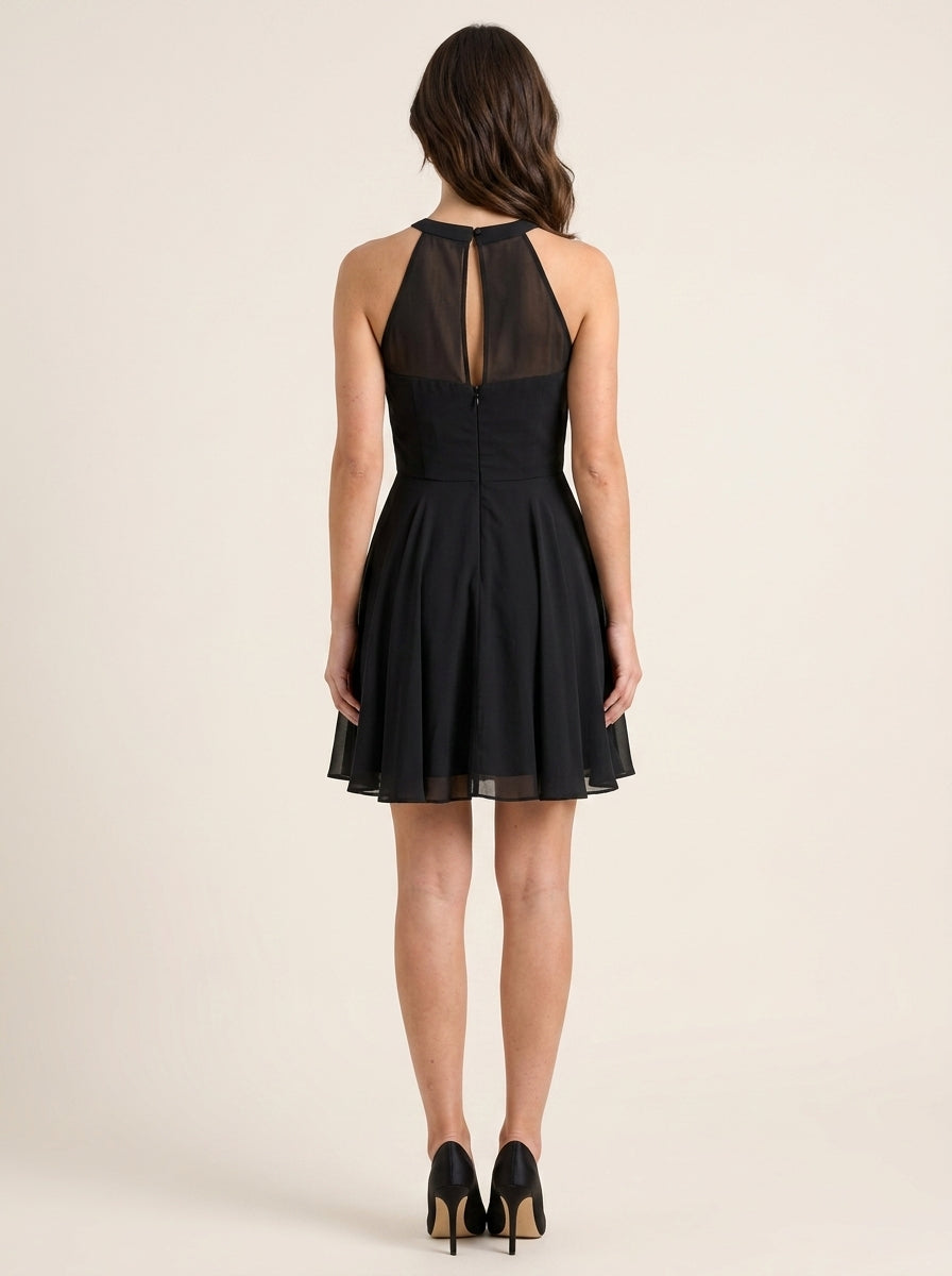 Elegant A-Line Halter Illusion Keyhole Back Short Black Chiffon Homecoming Dress.
