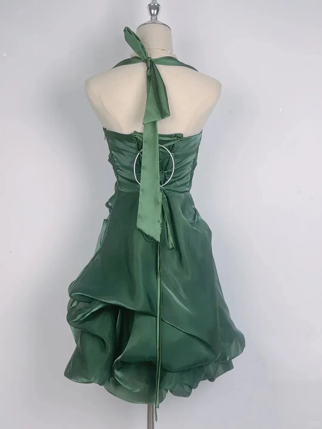 Elegant A-Line Halter-Neck Lace-Up-Back Draped-Satin Mini Prom Dress