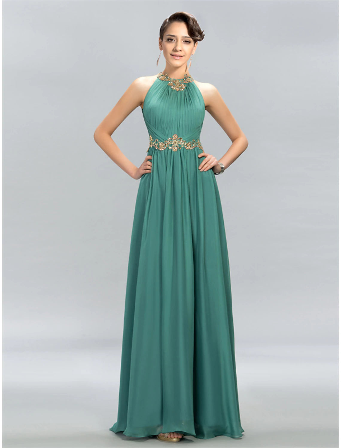 Elegant A-Line Halter Neck Ruched Chiffon Maxi Wedding Guest Dress.