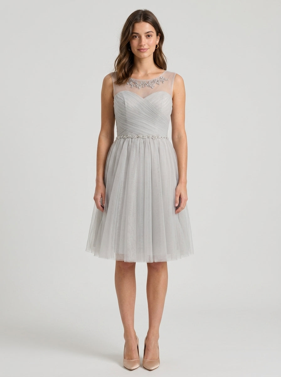 Elegant A-Line Illusion Jewel Neck Lace-Up Tulle Knee-Length Homecoming Dress.