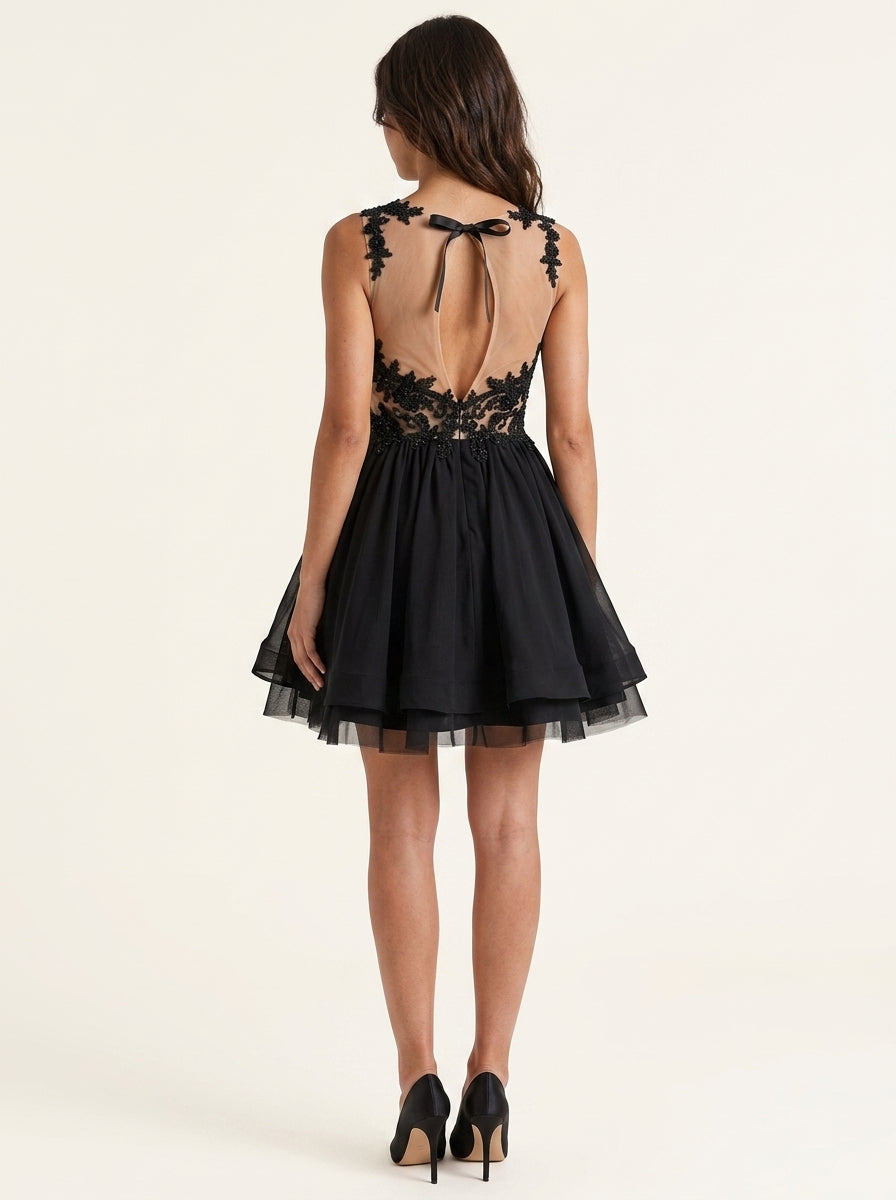 Elegant A-Line Illusion Jewel Neck Sequin Short Black Homecoming Dress.