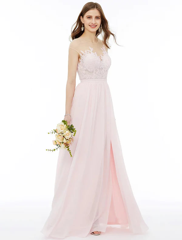 Elegant A-Line Illusion Neck Floral Lace Applique Floor-Length Chiffon Bridesmaid Dress.