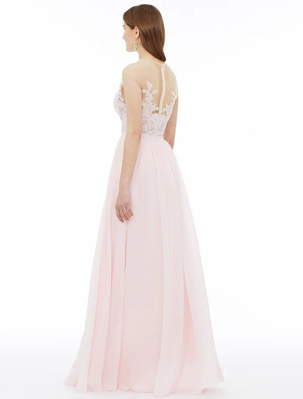 Elegant A-Line Illusion Neck Floral Lace Applique Floor-Length Chiffon Bridesmaid Dress.
