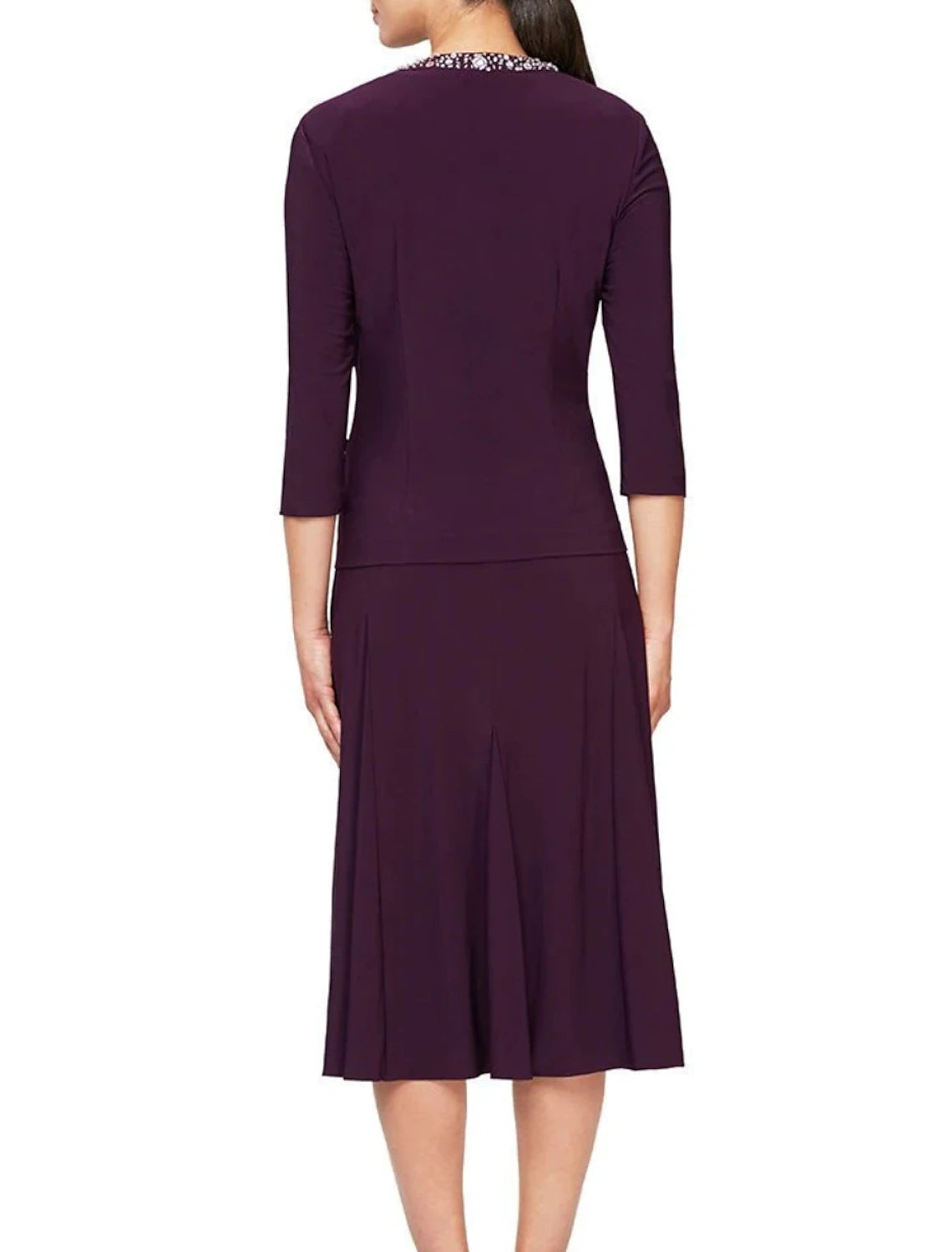 Close-up of the jewel neck and 3/4 sleeve on the elegant A-Line dress.