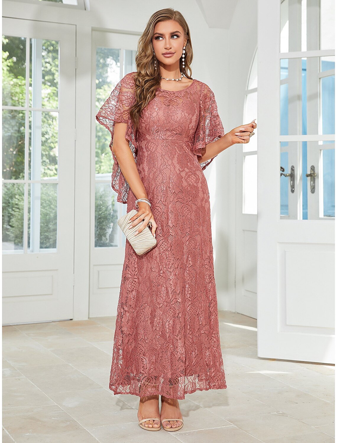 Elegant A-Line Jewel Neck Half Sleeve Lace Ruffled Ankle Length Wedding Guest Dress.