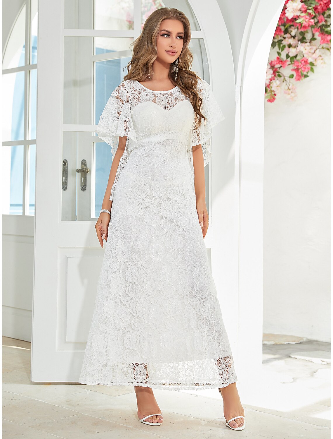 Elegant A-Line Jewel Neck Half Sleeve Lace Ruffled Ankle Length Wedding Guest Dress.