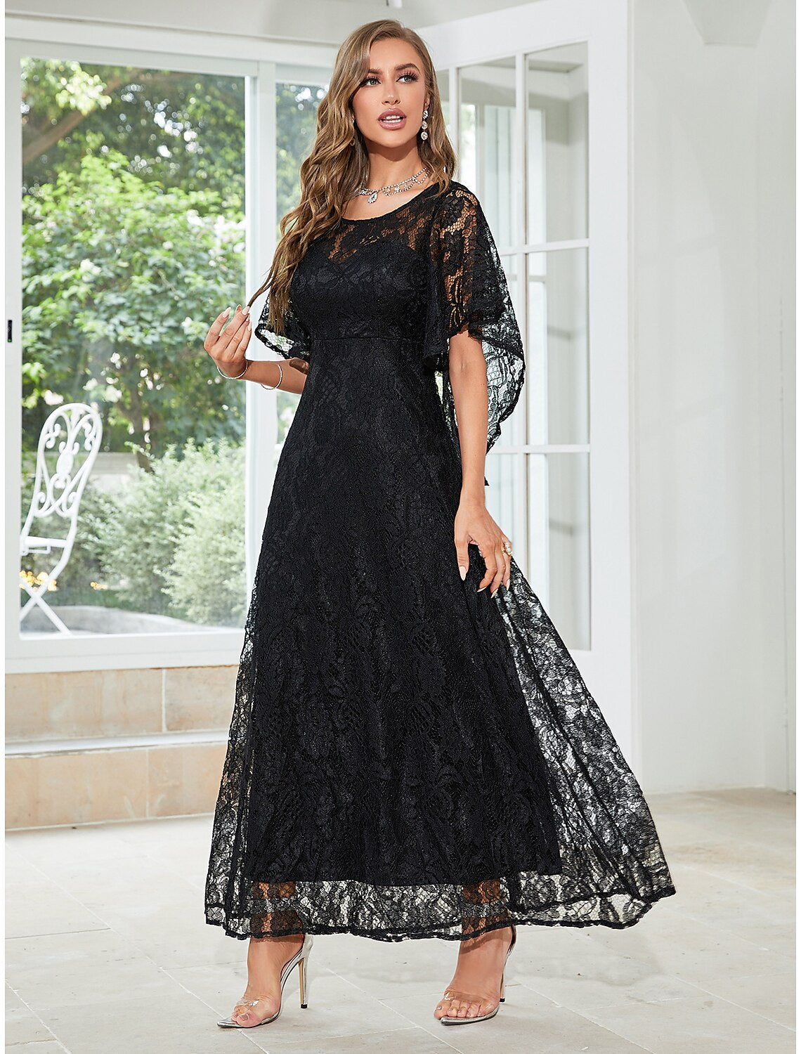 Elegant A-Line Jewel Neck Half Sleeve Lace Ruffled Ankle Length Wedding Guest Dress.