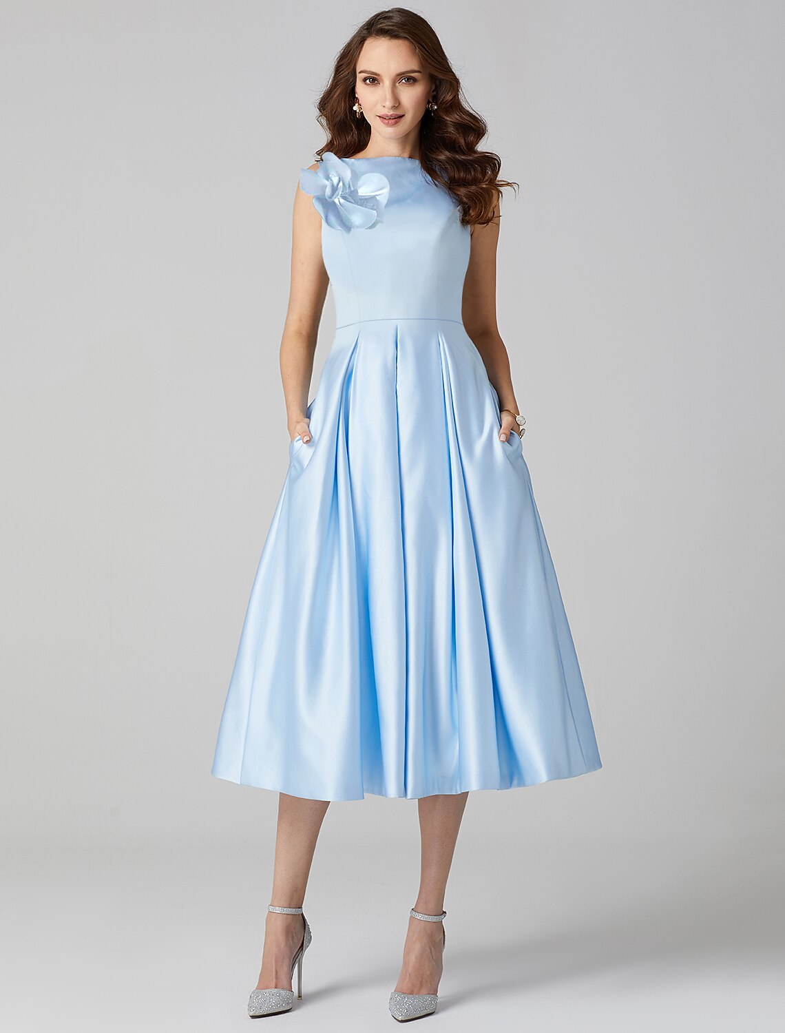 Elegant A-Line Sleeveless Satin Cocktail Dress, full view.