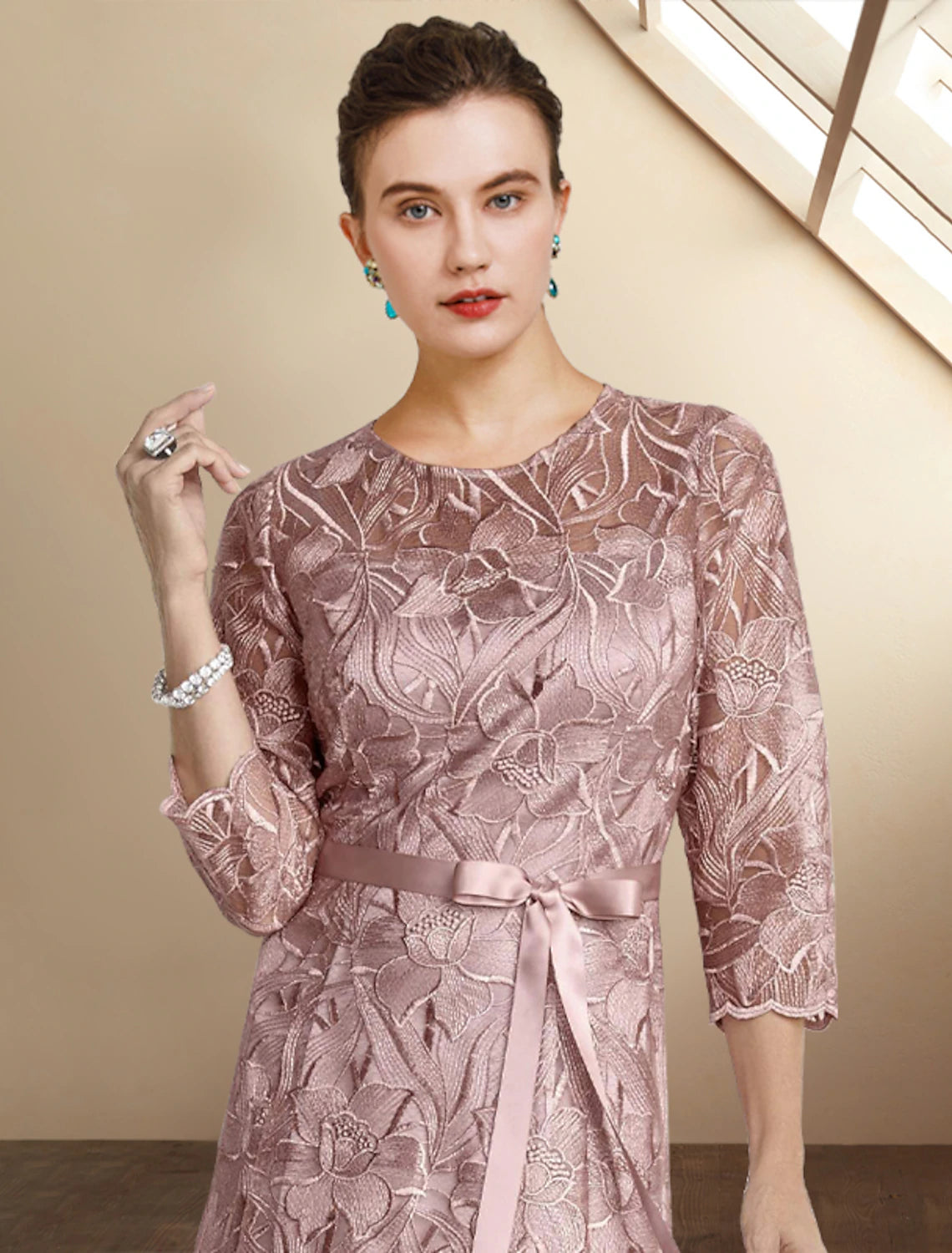 Elegant A-Line Lace 3/4 Sleeve Tea Length Mother of the Bride Dress.