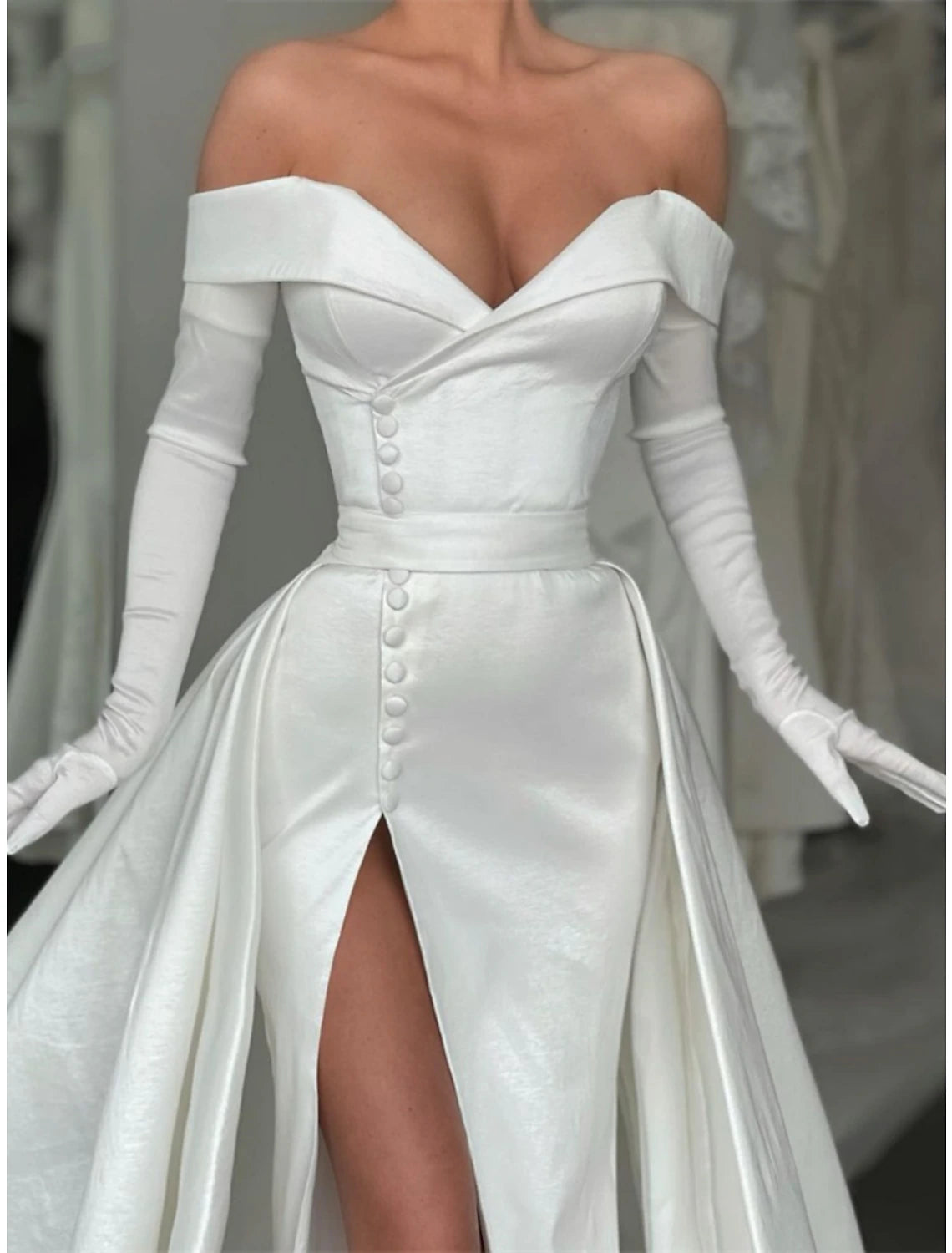 Elegant A-Line Off-Shoulder Long Sleeve Black Satin Plus Size Evening Gown.